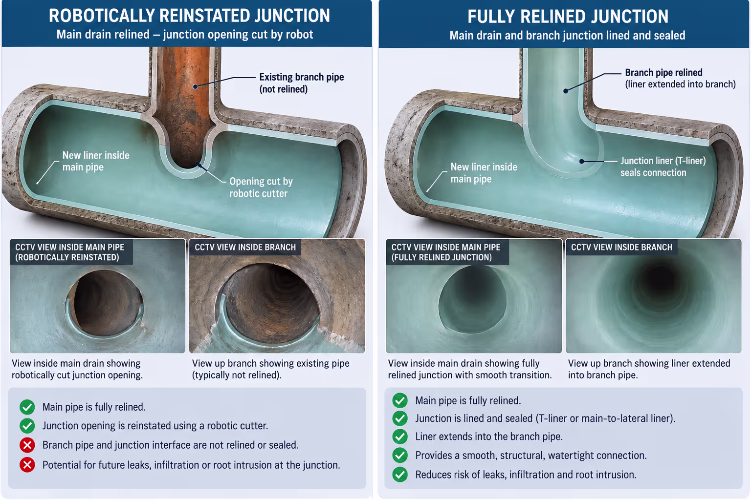 Robotically reinstated junction vs fully relined junction: the key difference is whether the branch connection itself is lined and sealed.
