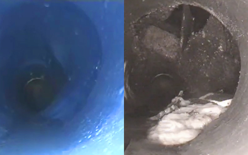 Nuflow Pipe Relining - before and after stills taken from cctv inspection footage